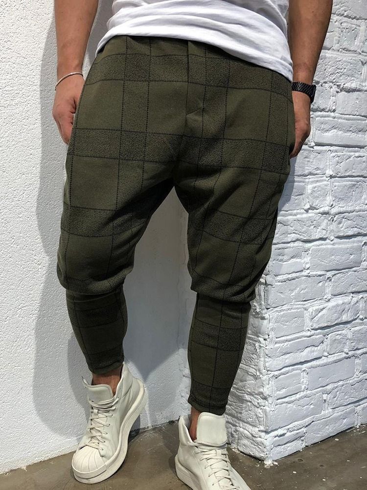 Pencil Plaid Print Mid Waist Style Miesten Rento Housut