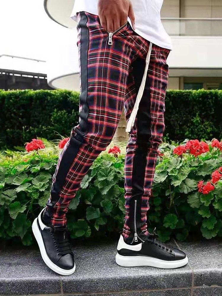 Pencil Zipper Plaid Lace-up Miesten Rento Housut