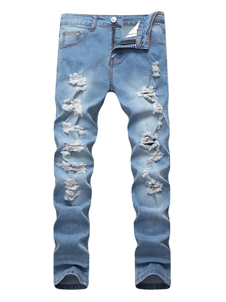 Plain Hole Zip Cotton Denim Vogue Slim Miesten Housut