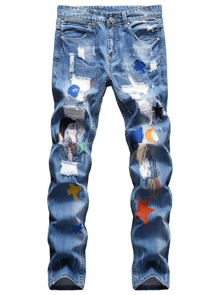 Color Block Hole Straight Hip Hop Zipper Miesten Farkut
