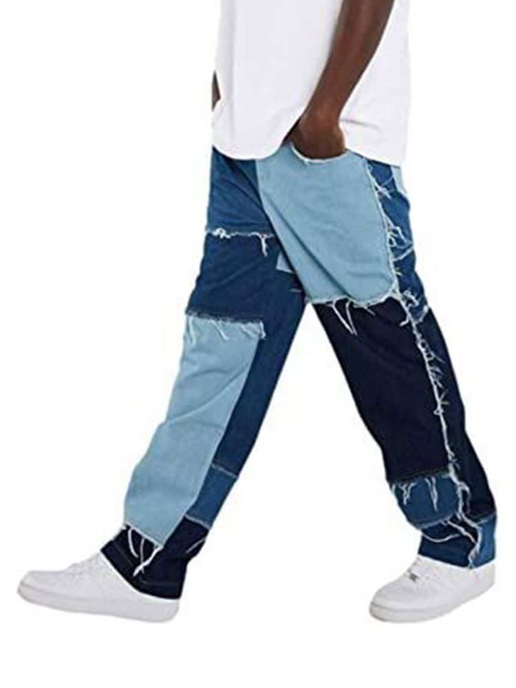 Color Block Patchwork Hip Hop Zipper Miesten Farkut