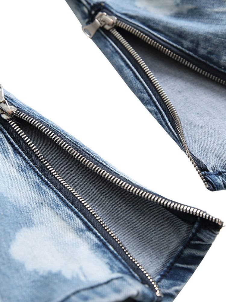 Color Block Pocket Zipper Miesten Keskivyötäröiset Farkut