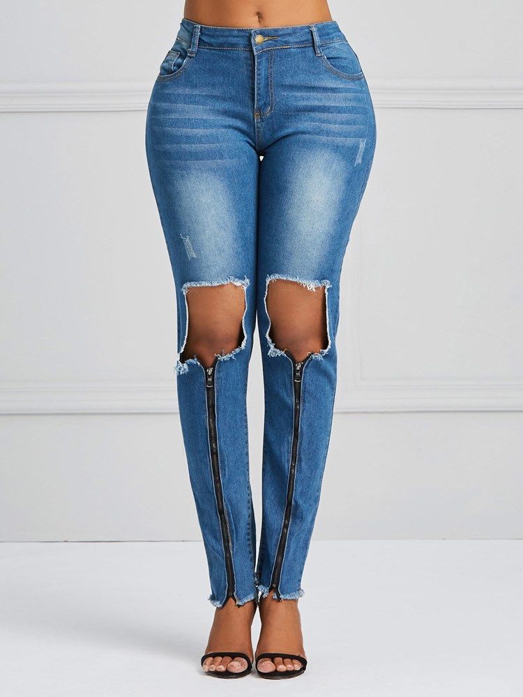 Hole Zipper Skinny Naisten Farkut