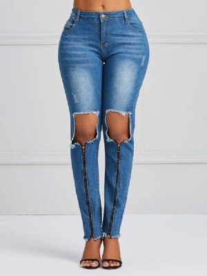 Hole Zipper Skinny Naisten Farkut