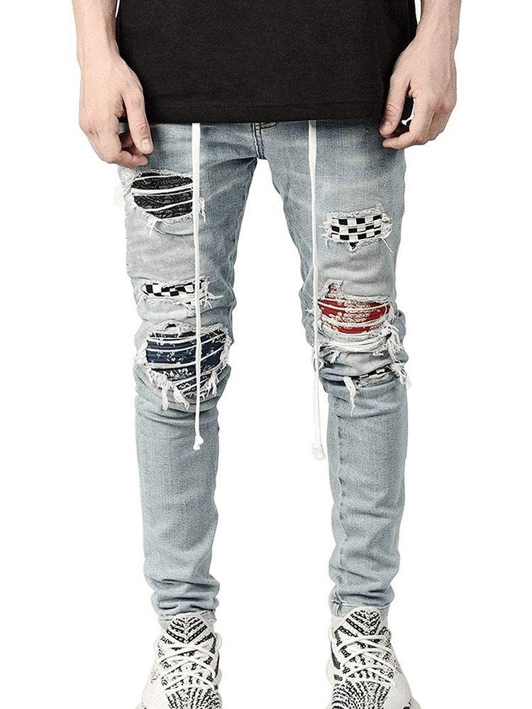 Kynähousut Plaid Patchwork Mid Waist Hip Hop -farkut