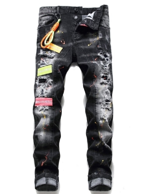 Letter Straight Button Korean Mid Waist -farkut