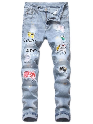 Miesten Print Letter Zipper Casual -farkut