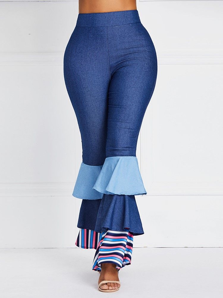Naisten Bellbottoms-röyhelöt Patchwork-värilohkoiset Korkeavyötäröiset Farkut