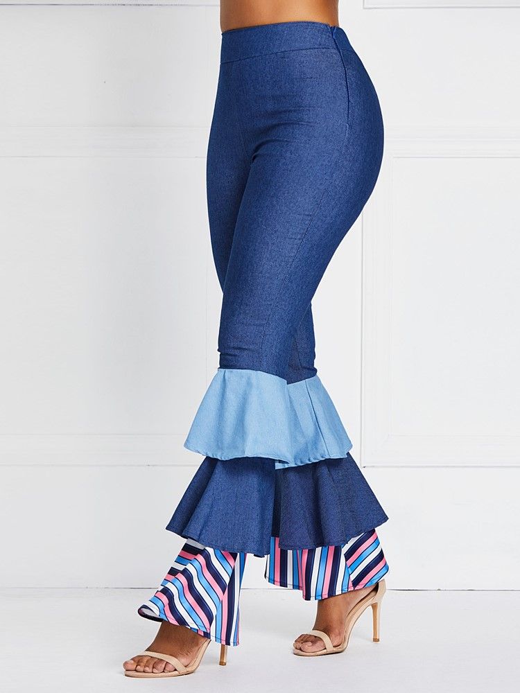 Naisten Bellbottoms-röyhelöt Patchwork-värilohkoiset Korkeavyötäröiset Farkut