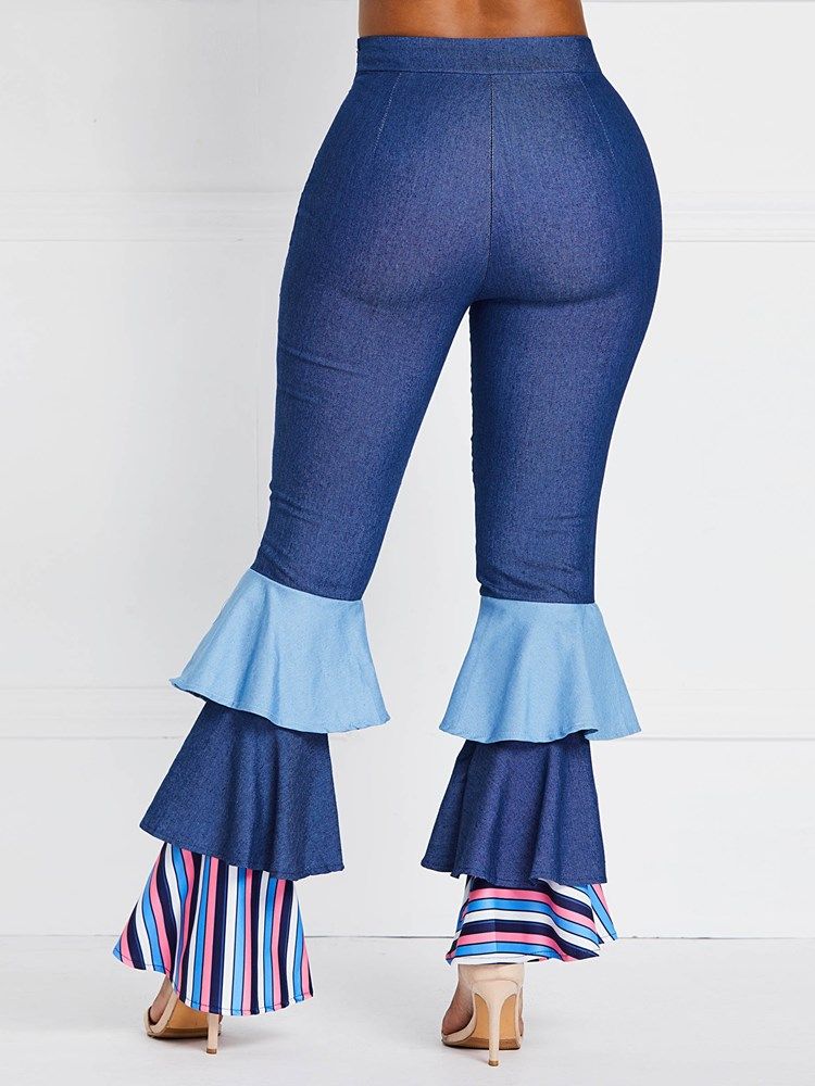 Naisten Bellbottoms-röyhelöt Patchwork-värilohkoiset Korkeavyötäröiset Farkut