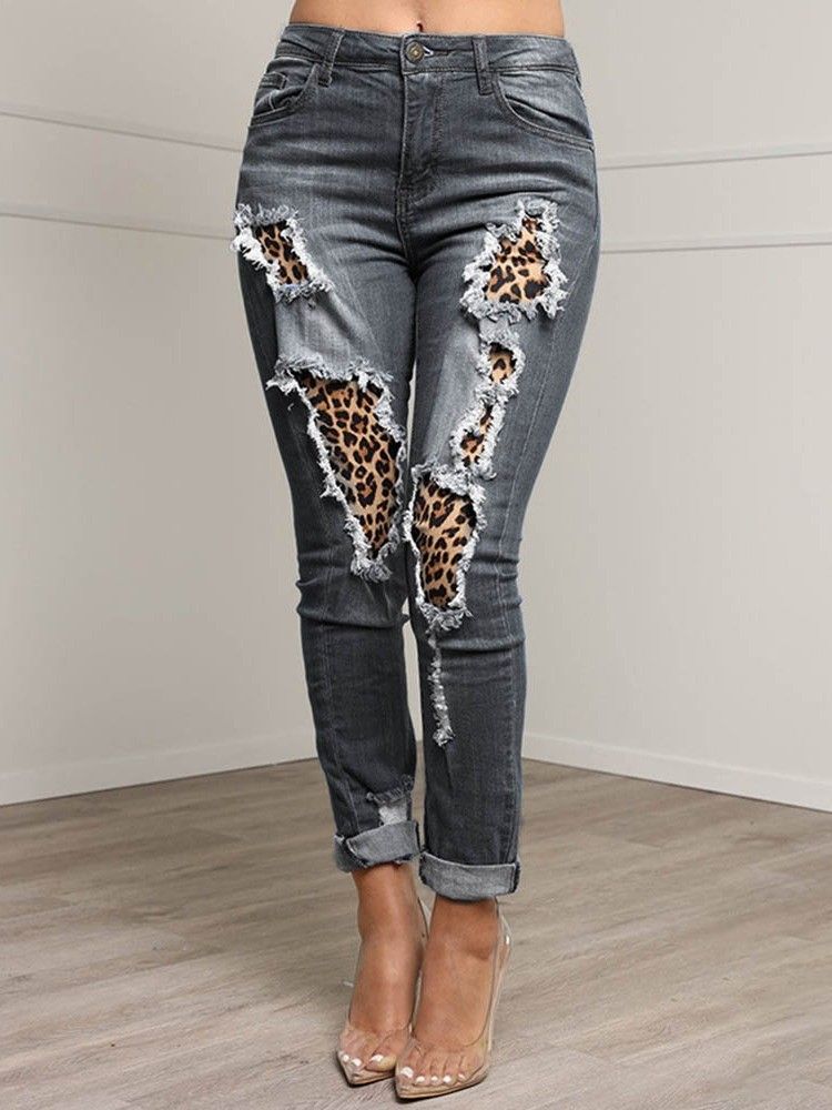 Patchwork Leopard Pencil Pants Zipper Naisten Ohuet Farkut