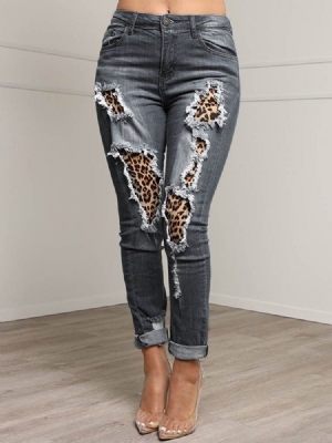 Patchwork Leopard Pencil Pants Zipper Naisten Ohuet Farkut