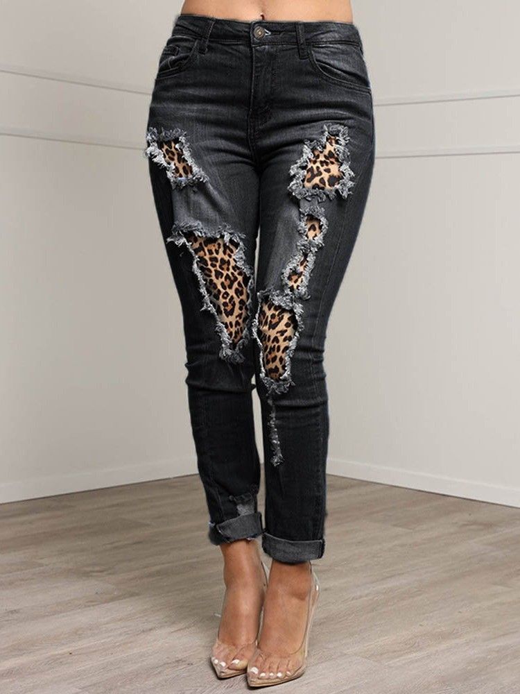 Patchwork Leopard Pencil Pants Zipper Naisten Ohuet Farkut