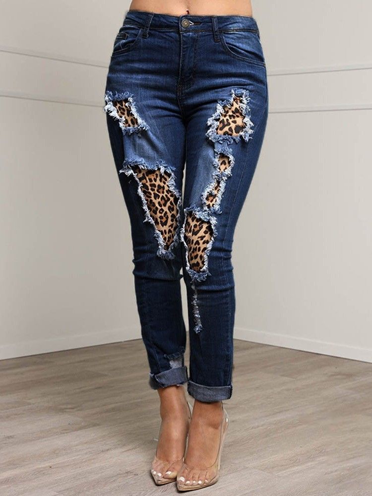 Patchwork Leopard Pencil Pants Zipper Naisten Ohuet Farkut