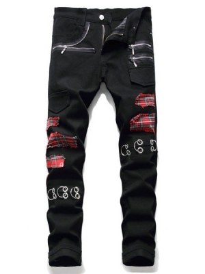 Patchwork Plaid Straight Zipper European Miesten Farkut
