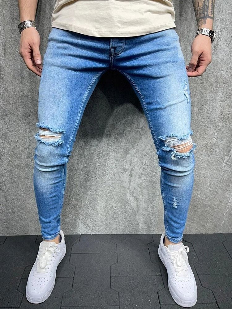 Pencil Pants Pocket Casual Zipper Miesten Farkut
