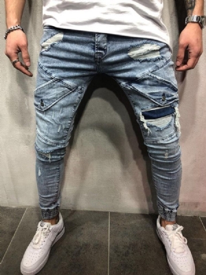 Pencil Pants Pocket Mid Waist Zipper Miesten Siniset Farkut