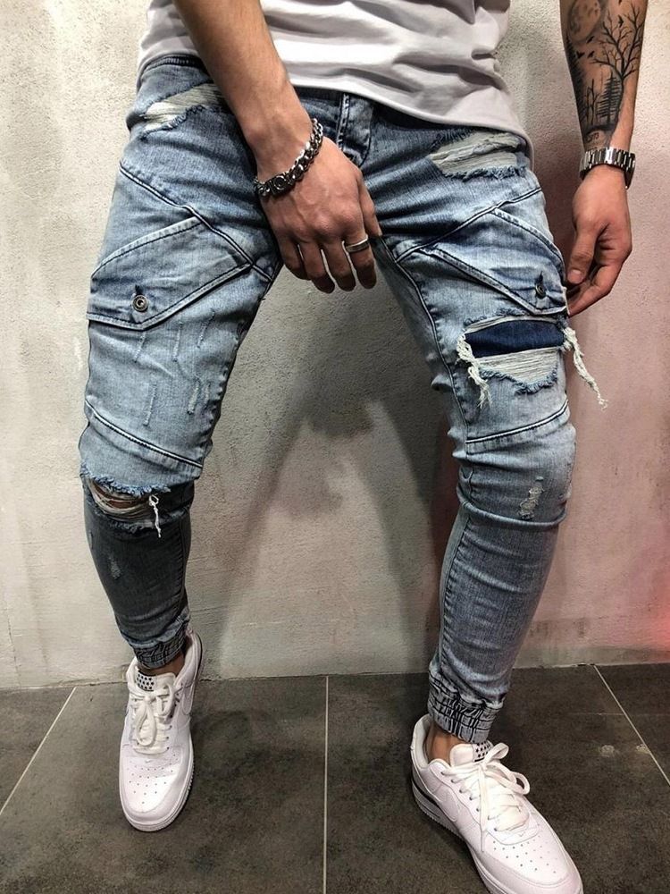Pencil Pants Pocket Mid Waist Zipper Miesten Siniset Farkut