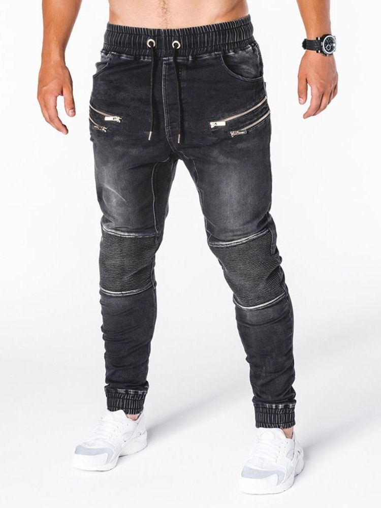 Pencil Pants Zipper Casual Mid Waist Miesten Farkut