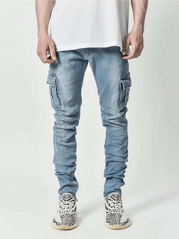 Plain Pencil Pants Pocket Casual Mid Waist Miesten Farkut