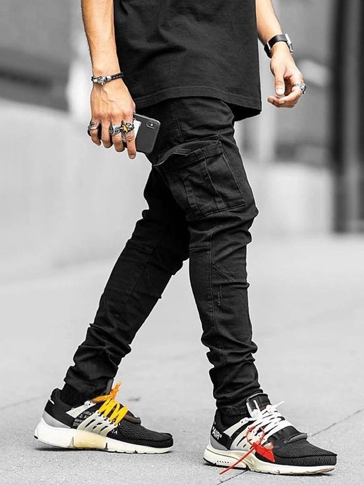 Plain Pencil Pants Pocket Casual Mid Waist Miesten Farkut