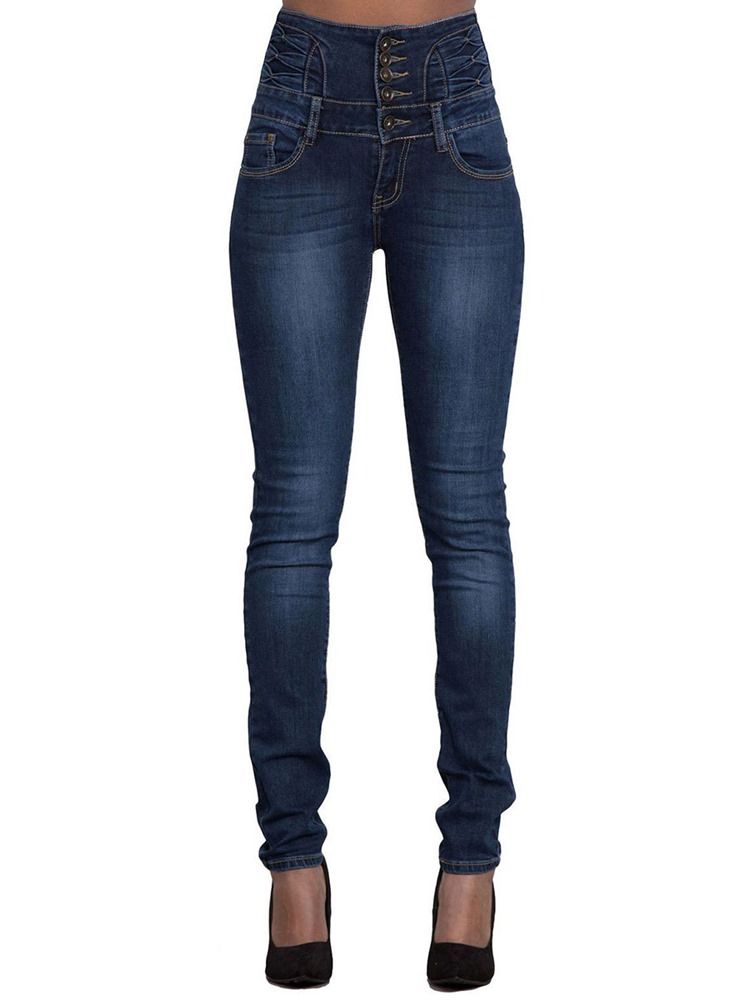 Pocket Plain High Waist Button Skinny Naisten Farkut