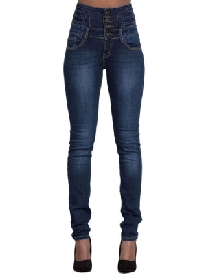 Pocket Plain High Waist Button Skinny Naisten Farkut