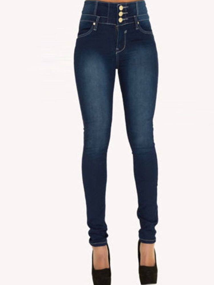 Pocket Plain High Waist Button Skinny Naisten Farkut