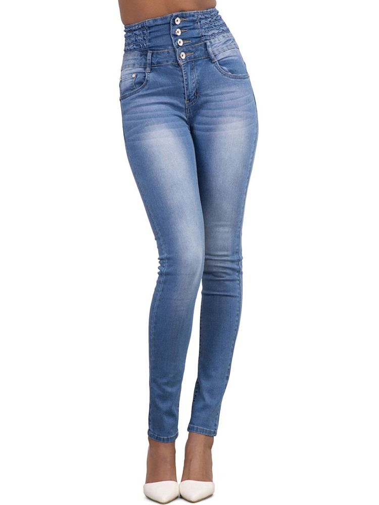 Pocket Plain High Waist Button Skinny Naisten Farkut