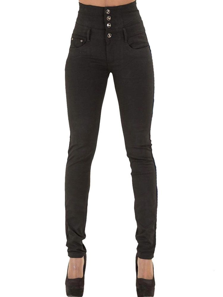 Pocket Plain High Waist Button Skinny Naisten Farkut