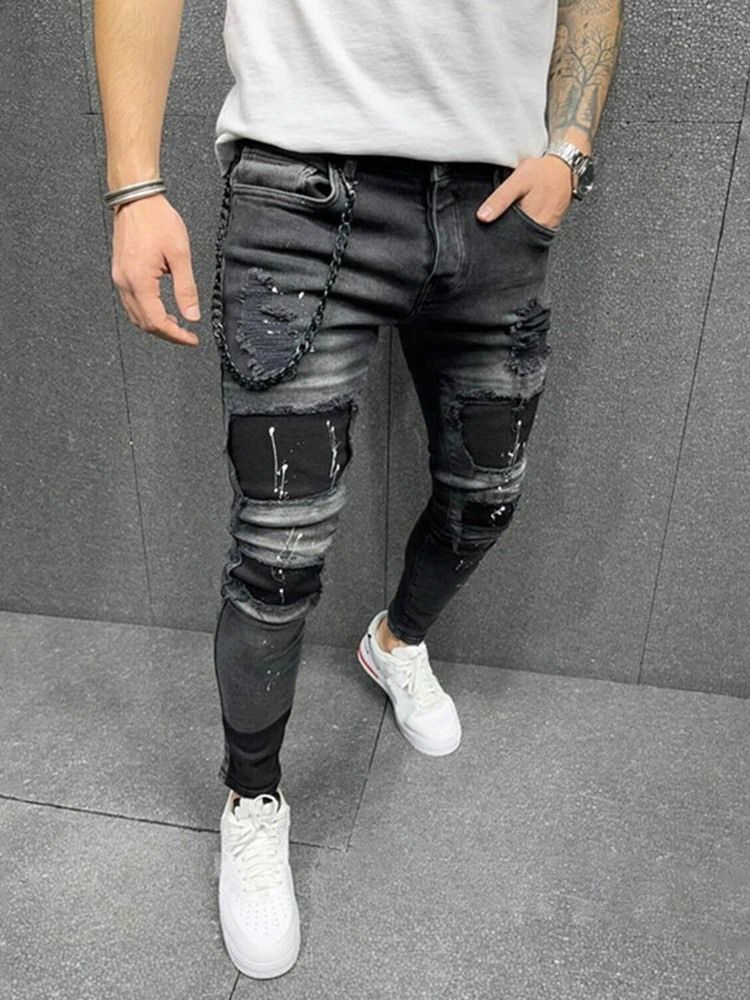 Reikä Lyijykynähousut Mid Waist Zipper Miesten Farkut