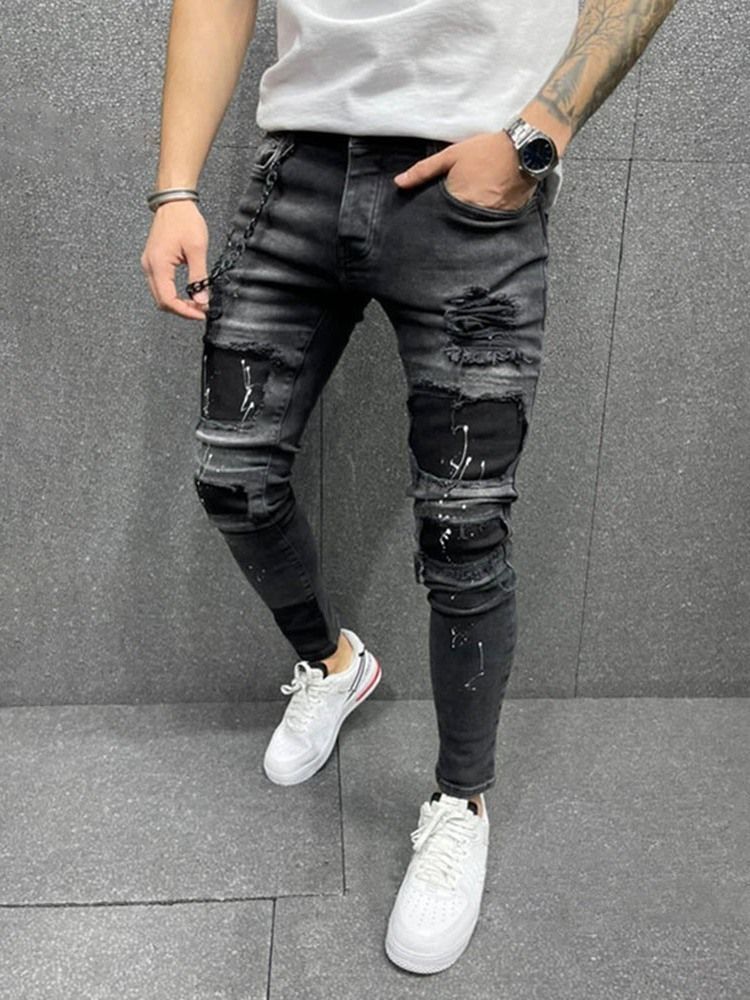 Reikä Lyijykynähousut Mid Waist Zipper Miesten Farkut