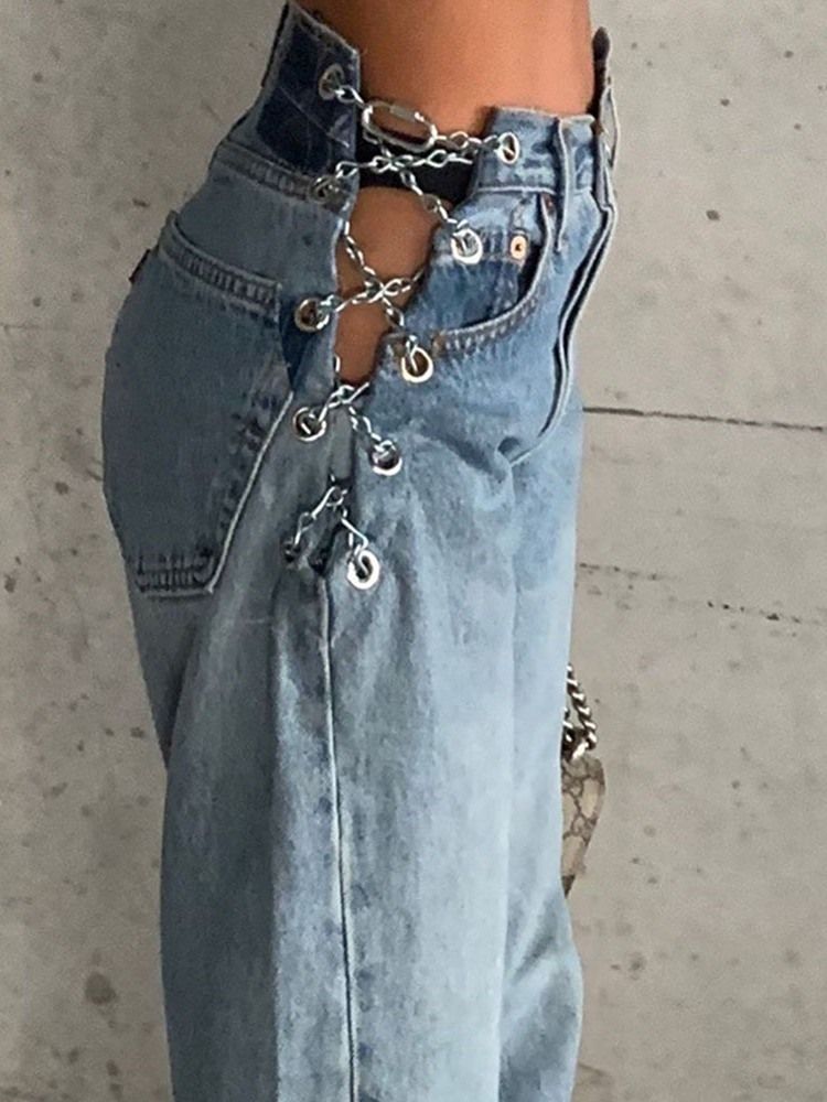 Reikä Plain Wide Legs Zipper Naisten Farkut