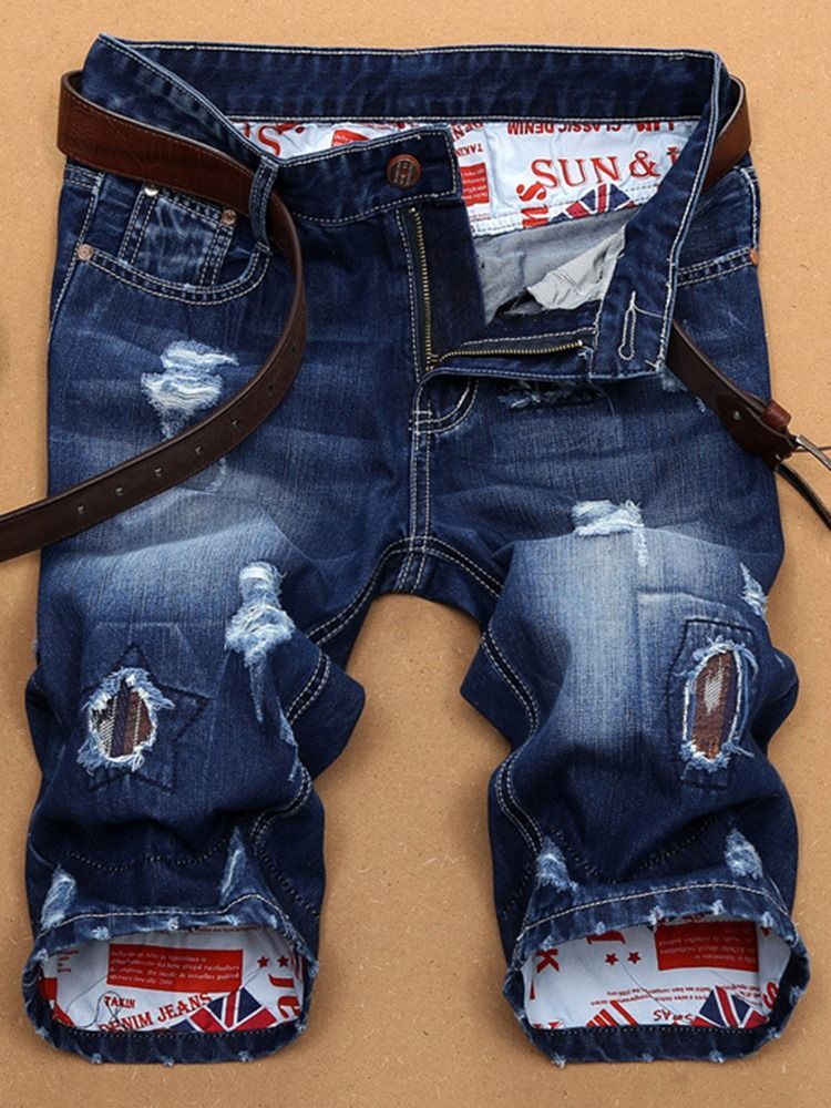 Reiät Denim Slim Miesten Shortsit